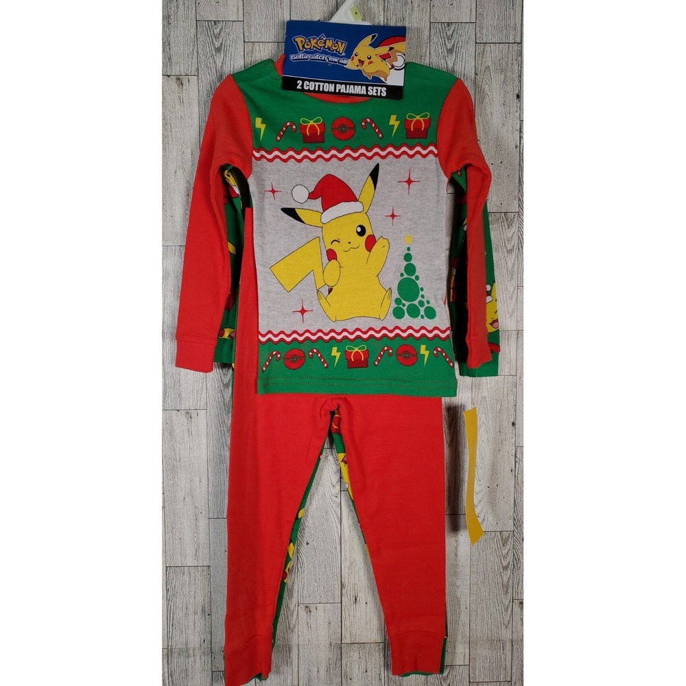 Pokemon Pajamas Boys 4 Christmas Themed 2-Pairs Santa Hat Candy Canes NEW